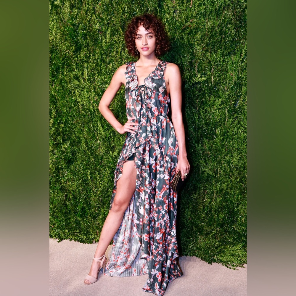 TANYA TAYLOR Silk Stripe Green Floral Print High-Slit Oksana Maxi Dress Size 2